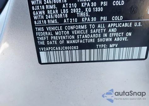 2018 Volkswagen Atlas 2.0T S z USA, uszkodzony, nr VIN 1V2AP2CA8JC600263